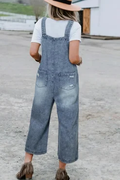Best Dear-Lover Distressed Bib Pocket Wide Leg Denim Overall Stone Blue
