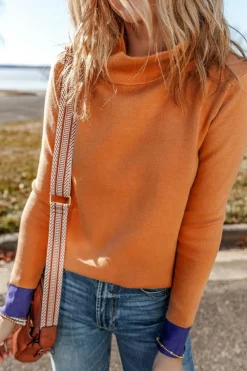 Sale Dear-Lover Color Contrast Edge Mock Neck Slim Fit Sweater Straw Yellow