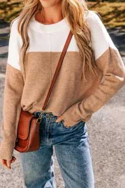 Fashion Dear-Lover Colorblock Ribbed Trim Round Neck Sweater Straw Yellow