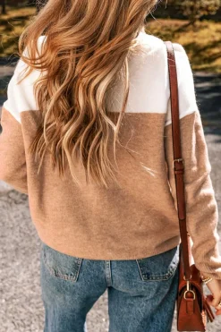 Fashion Dear-Lover Colorblock Ribbed Trim Round Neck Sweater Straw Yellow