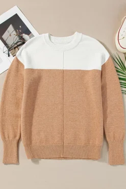 Fashion Dear-Lover Colorblock Ribbed Trim Round Neck Sweater Straw Yellow