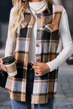 Fashion Dear-Lover Retro Plaid Button up Collared Vest Straw Yellow