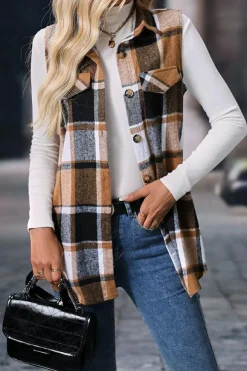 Fashion Dear-Lover Retro Plaid Button up Collared Vest Straw Yellow