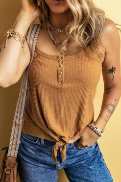 New Dear-Lover Ribbed Front Knot Buttoned Thin Strap Tank Top Straw Yellow