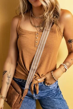 New Dear-Lover Ribbed Front Knot Buttoned Thin Strap Tank Top Straw Yellow