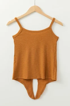 New Dear-Lover Ribbed Front Knot Buttoned Thin Strap Tank Top Straw Yellow