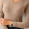 Discount Dear-Lover Ribbed Knit V Neck Long Sleeve Slim Fit Top Straw Yellow