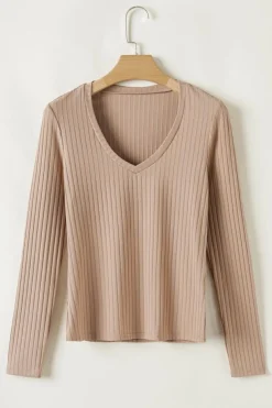 Discount Dear-Lover Ribbed Knit V Neck Long Sleeve Slim Fit Top Straw Yellow