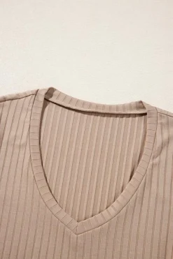 Discount Dear-Lover Ribbed Knit V Neck Long Sleeve Slim Fit Top Straw Yellow