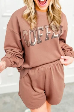 Discount Dear-Lover Sequined COFFEE Loose Fit Sweatshirt and Shorts Set Straw Yellow