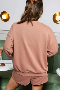 Discount Dear-Lover Sequined COFFEE Loose Fit Sweatshirt and Shorts Set Straw Yellow