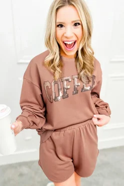 Discount Dear-Lover Sequined COFFEE Loose Fit Sweatshirt and Shorts Set Straw Yellow