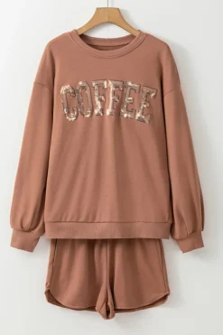 Discount Dear-Lover Sequined COFFEE Loose Fit Sweatshirt and Shorts Set Straw Yellow