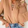 Outlet Dear-Lover Solid Color Shirred Cuff Notch V Neck Blouse Straw Yellow