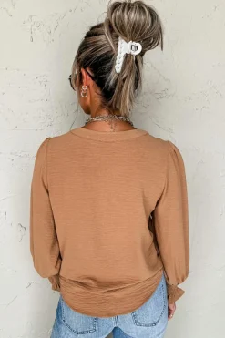 Outlet Dear-Lover Solid Color Shirred Cuff Notch V Neck Blouse Straw Yellow