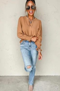Outlet Dear-Lover Solid Color Shirred Cuff Notch V Neck Blouse Straw Yellow