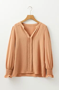 Outlet Dear-Lover Solid Color Shirred Cuff Notch V Neck Blouse Straw Yellow