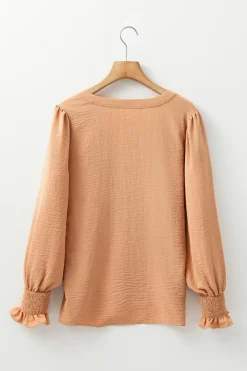 Outlet Dear-Lover Solid Color Shirred Cuff Notch V Neck Blouse Straw Yellow