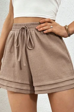Outlet Dear-Lover Textured Tiered Edge High Waist Casual Shorts Straw Yellow
