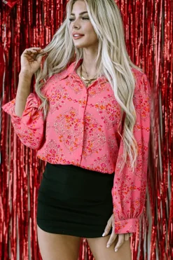Fashion Dear-Lover Aesthetic Floral Puff Sleeve Shirt Strawberry Pink