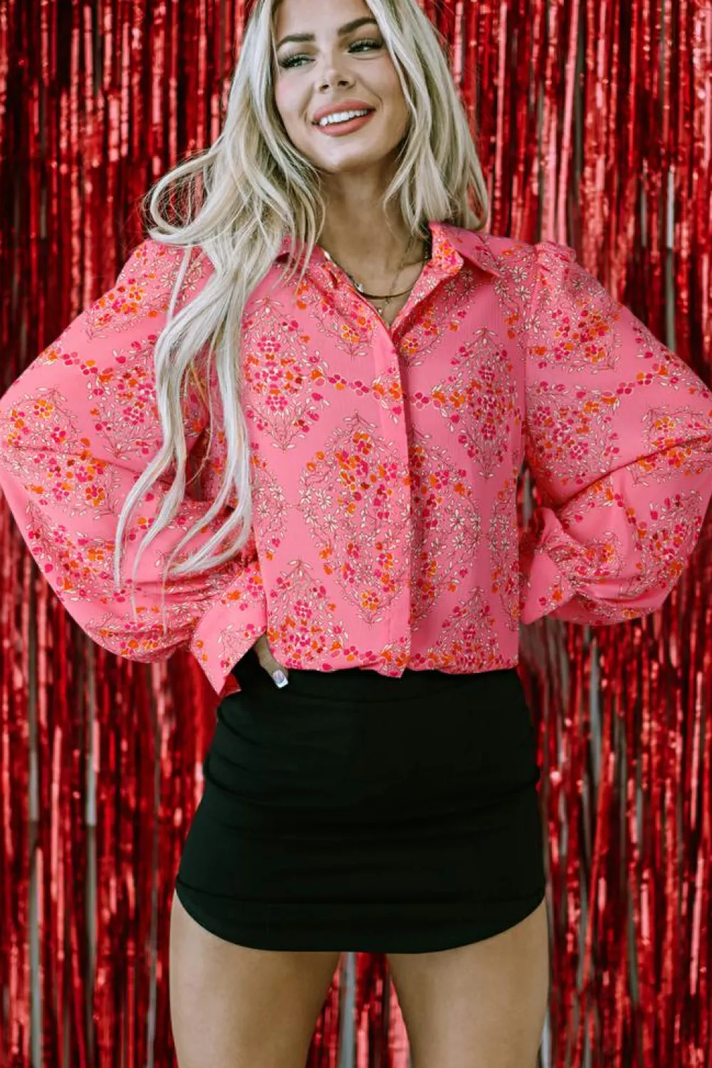 Fashion Dear-Lover Aesthetic Floral Puff Sleeve Shirt Strawberry Pink