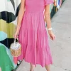 Fashion Dear-Lover Asymmetric Puff Sleeve Smocked Bodice Tiered Midi Dress Strawberry Pink