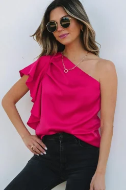 Outlet Dear-Lover Asymmetric Shoulder Ruffle Sleeve Elegant Blouse Strawberry Pink