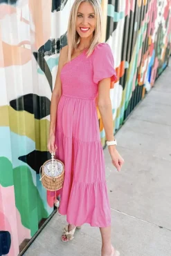 Fashion Dear-Lover Asymmetric Puff Sleeve Smocked Bodice Tiered Midi Dress Strawberry Pink