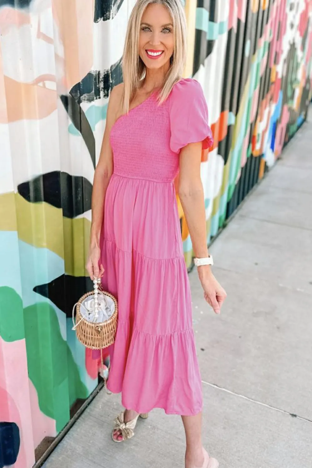 Fashion Dear-Lover Asymmetric Puff Sleeve Smocked Bodice Tiered Midi Dress Strawberry Pink
