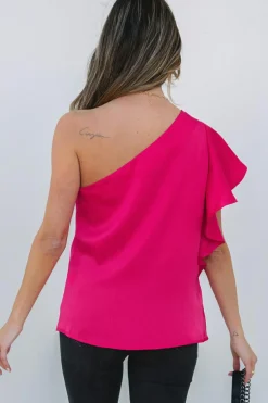 Outlet Dear-Lover Asymmetric Shoulder Ruffle Sleeve Elegant Blouse Strawberry Pink