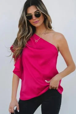 Outlet Dear-Lover Asymmetric Shoulder Ruffle Sleeve Elegant Blouse Strawberry Pink