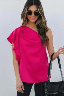 Outlet Dear-Lover Asymmetric Shoulder Ruffle Sleeve Elegant Blouse Strawberry Pink