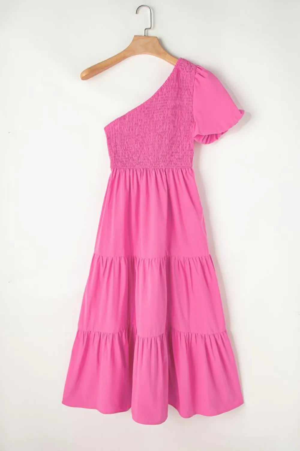 Fashion Dear-Lover Asymmetric Puff Sleeve Smocked Bodice Tiered Midi Dress Strawberry Pink