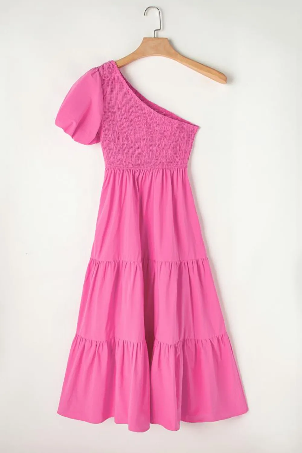 Fashion Dear-Lover Asymmetric Puff Sleeve Smocked Bodice Tiered Midi Dress Strawberry Pink
