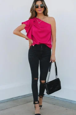 Outlet Dear-Lover Asymmetric Shoulder Ruffle Sleeve Elegant Blouse Strawberry Pink