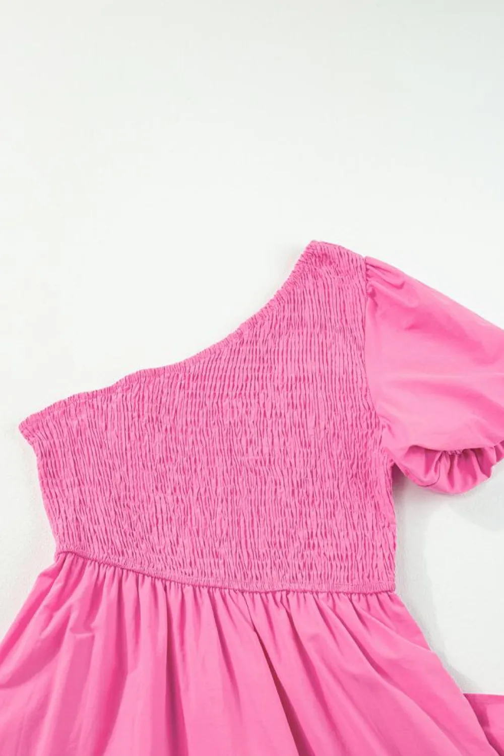 Fashion Dear-Lover Asymmetric Puff Sleeve Smocked Bodice Tiered Midi Dress Strawberry Pink