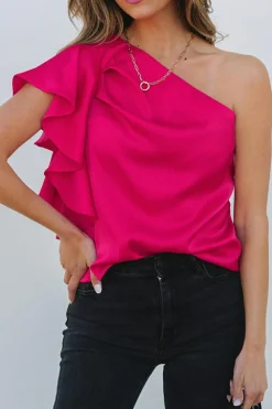 Outlet Dear-Lover Asymmetric Shoulder Ruffle Sleeve Elegant Blouse Strawberry Pink