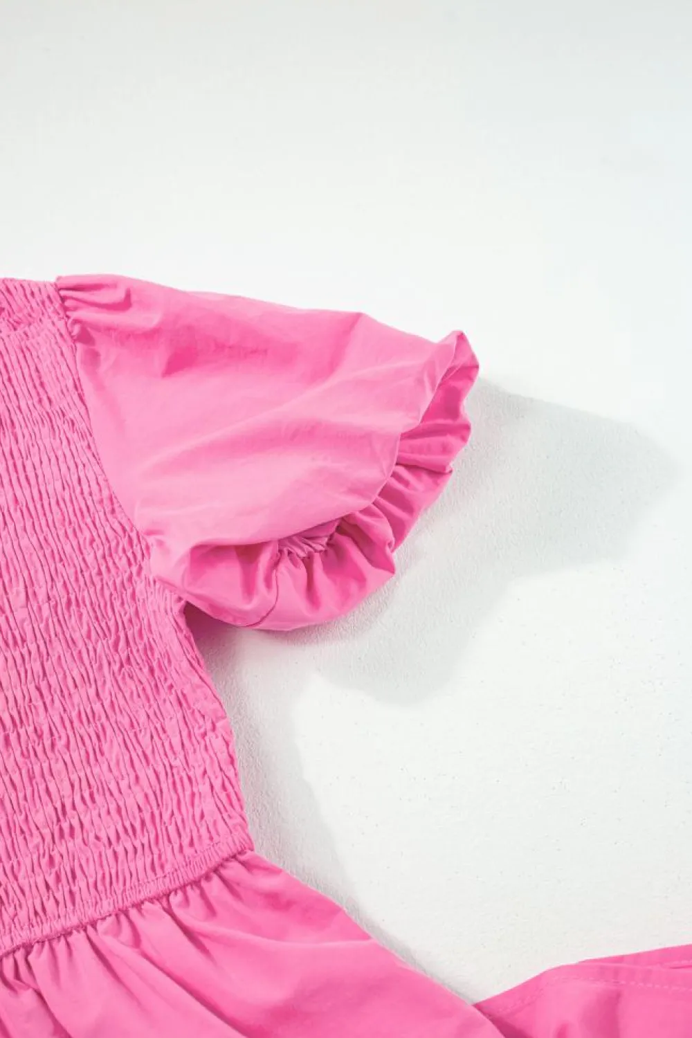 Fashion Dear-Lover Asymmetric Puff Sleeve Smocked Bodice Tiered Midi Dress Strawberry Pink