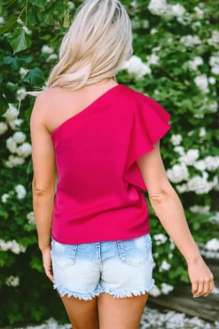 Outlet Dear-Lover Asymmetric Shoulder Ruffle Sleeve Elegant Blouse Strawberry Pink