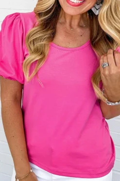 Discount Dear-Lover Casual Round Neck Bubble Sleeve T-shirt Strawberry Pink