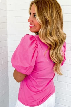 Discount Dear-Lover Casual Round Neck Bubble Sleeve T-shirt Strawberry Pink