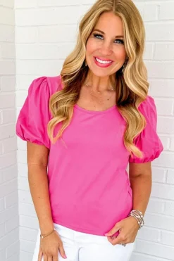 Discount Dear-Lover Casual Round Neck Bubble Sleeve T-shirt Strawberry Pink