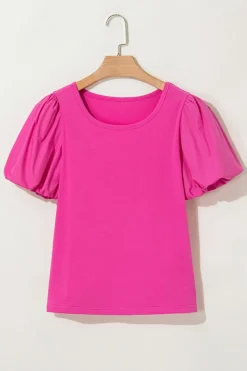 Discount Dear-Lover Casual Round Neck Bubble Sleeve T-shirt Strawberry Pink