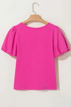 Discount Dear-Lover Casual Round Neck Bubble Sleeve T-shirt Strawberry Pink