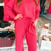 Online Dear-Lover Checkered Textured Split Pullover Top and Pants Set Strawberry Pink
