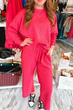 Online Dear-Lover Checkered Textured Split Pullover Top and Pants Set Strawberry Pink