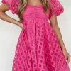 Discount Dear-Lover Checkered Puff Sleeve Babydoll Dress Strawberry Pink