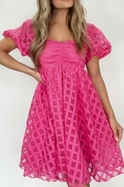 Discount Dear-Lover Checkered Puff Sleeve Babydoll Dress Strawberry Pink