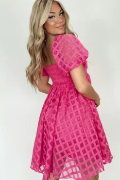 Discount Dear-Lover Checkered Puff Sleeve Babydoll Dress Strawberry Pink
