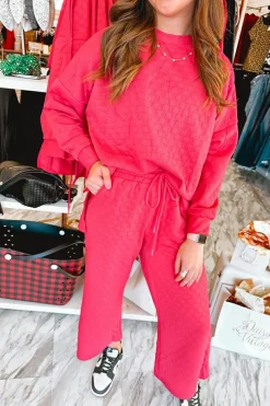 Online Dear-Lover Checkered Textured Split Pullover Top and Pants Set Strawberry Pink